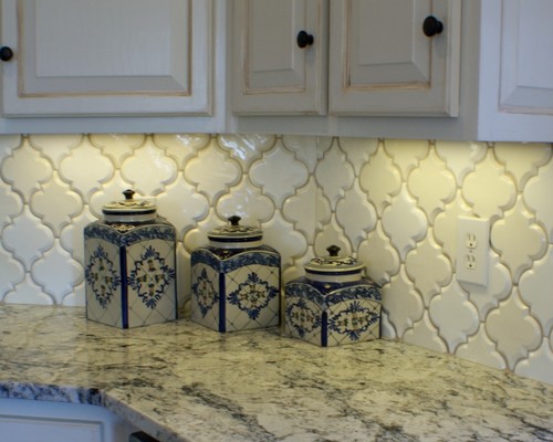 White Ice with Manchester Tan White Cabinets and Glazed Ceramic Beveled Arabesque Tile